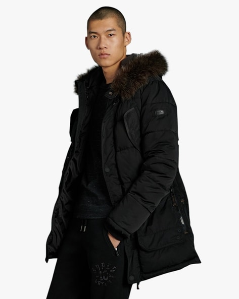 Mens coat with black fur sales hood