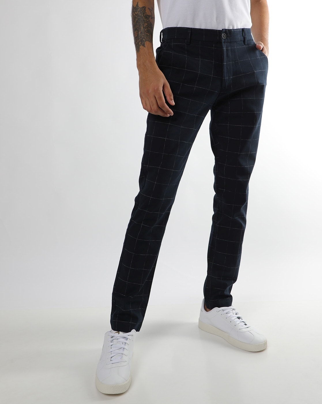 Buy Men Blue  White Slim Fit Checked Formal Trousers online  Looksgudin