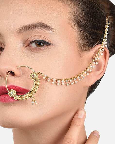 Nose Ring Chain Gold Nath Indian Plat Hoop Chain For Pierced Nose/Brid –  Glam Jewelrys