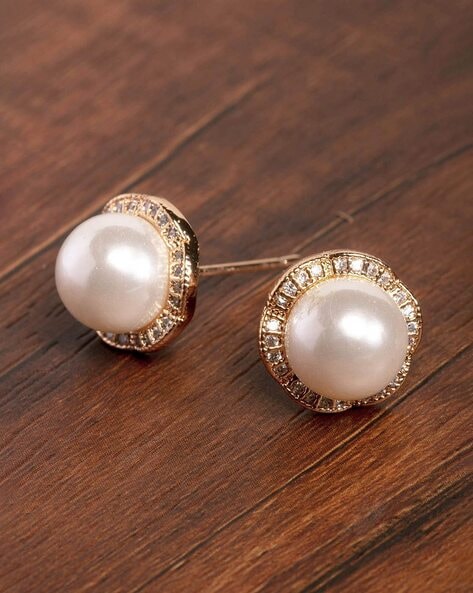 Yellow Women Chimes Gold Plated Oval Shaped Pearl Stud Earrings -  Absolutely Desi