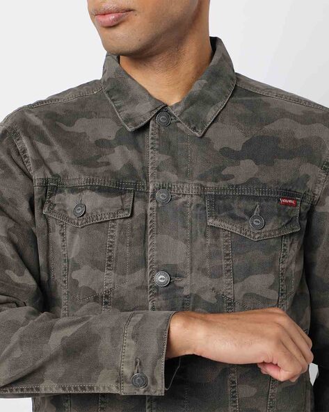 Camouflage Print Denim Jacket with Button Closure