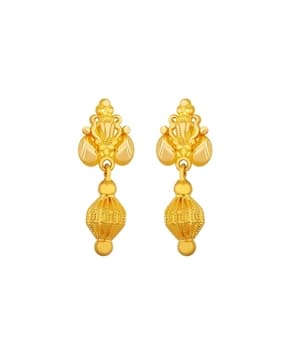 Yellow Gold Temple-Design Drop Earrings-image-48