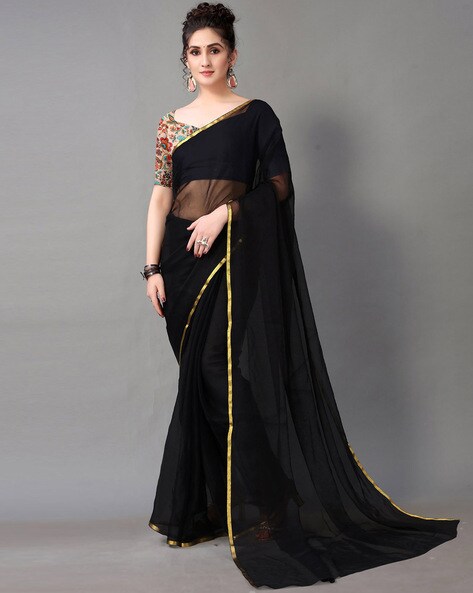 Buy Nyri Black Georgette Solid Embellished With Sequined Lace Border Saree  With Unstitched Blouse online