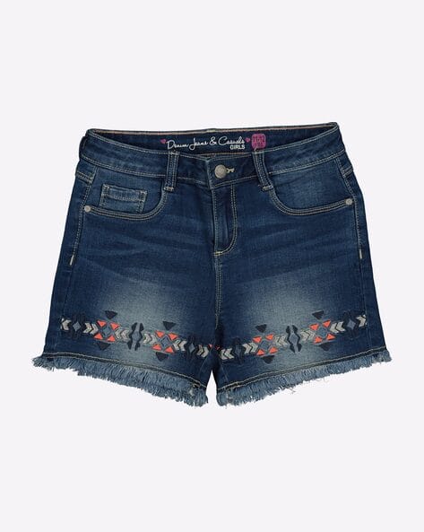 Embroidered Denim Shorts with Frayed Hems - Main Image