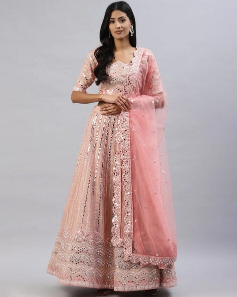 Blush Peach Georgette Cocktail Engagement Lehenga With Mesh Sleeve Blouse  and Embroidered Dupatta Bridesmaids Indian Wedding Outfit - Etsy