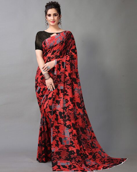 Black and Red color silk sarees with batik style print design -SILK0003278