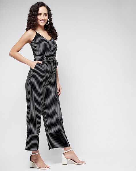 Womens black and sales white striped jumpsuit