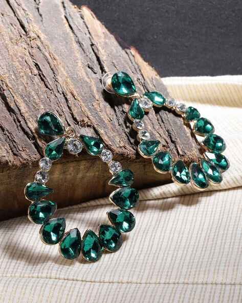 Stylish Attractive Stunning long jhumar stud earrings worked with  artificial Dark Green stones and beads ethnic