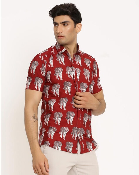 Buy Men's Tiger Print Red Shirt Online