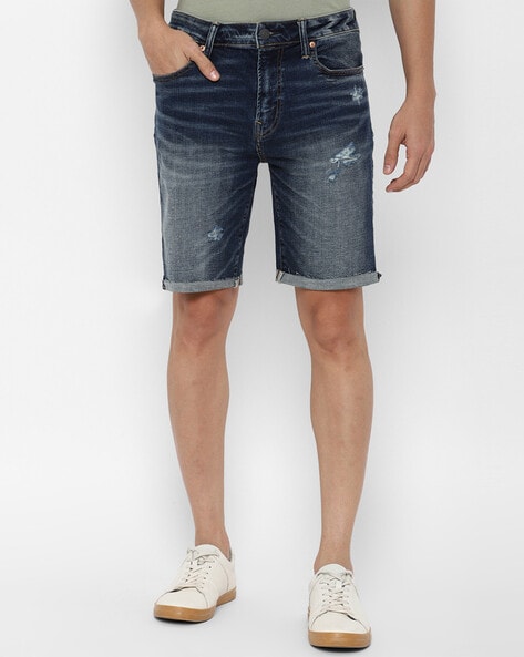 Flat-Front Distressed Denim Shorts