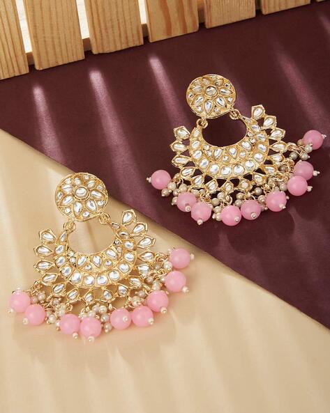 Buy Pink Green Gold Tone Kundan Chandbali Earrings with Pearls Online at  Jayporecom