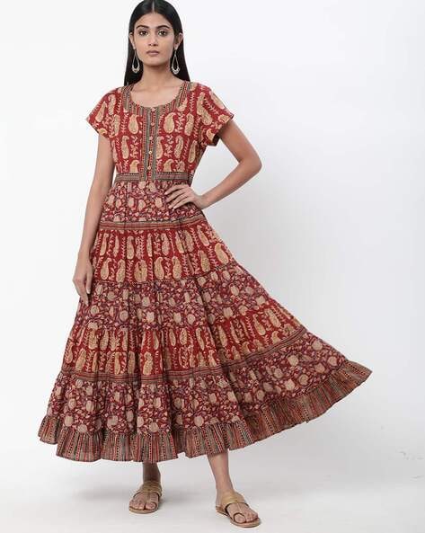 Beige Cotton Tiered Printed Dress