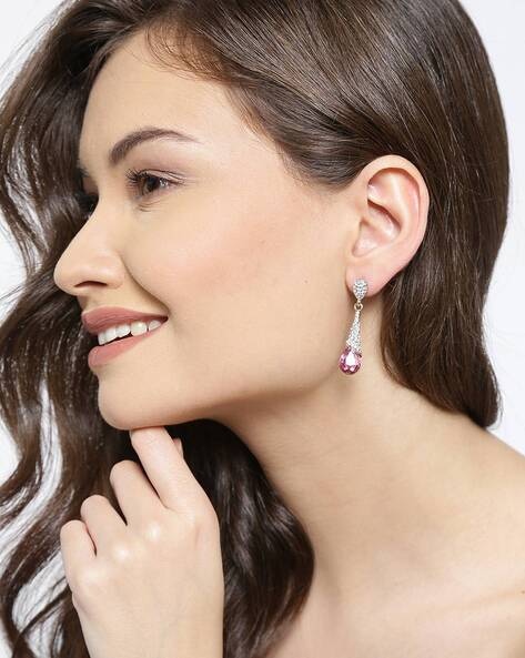 Jewels Galaxy Pink Silver-Plated Stone Studded Teardrop Shaped Drop Earrings  - Absolutely Desi