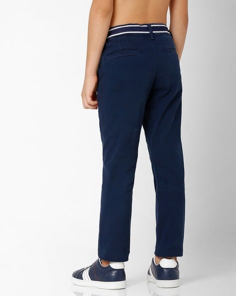 Buy Navy Blue Cotton Slim Pants With Embroidered Hem Online - W for Woman