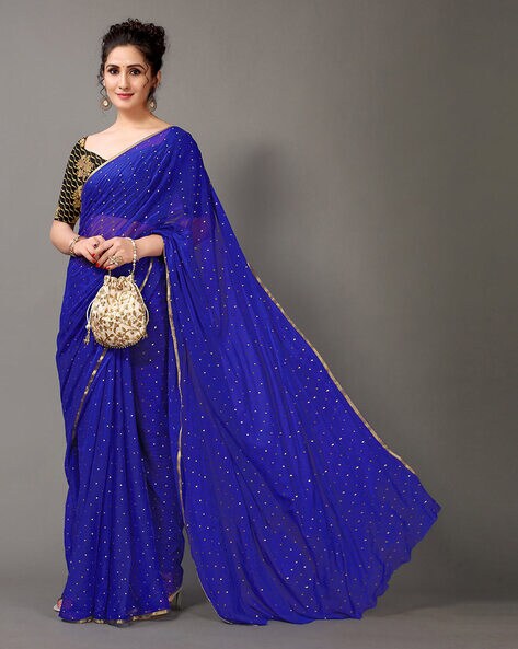 Navy Blue Designer Embroidered Georgette Wedding Saree | Saira's Boutique