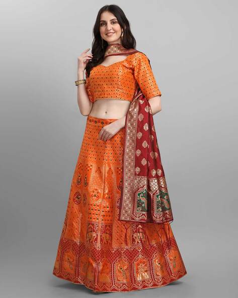 Fire Yellow Heavily Embellished Lehenga Set In Antique Work With Maroo