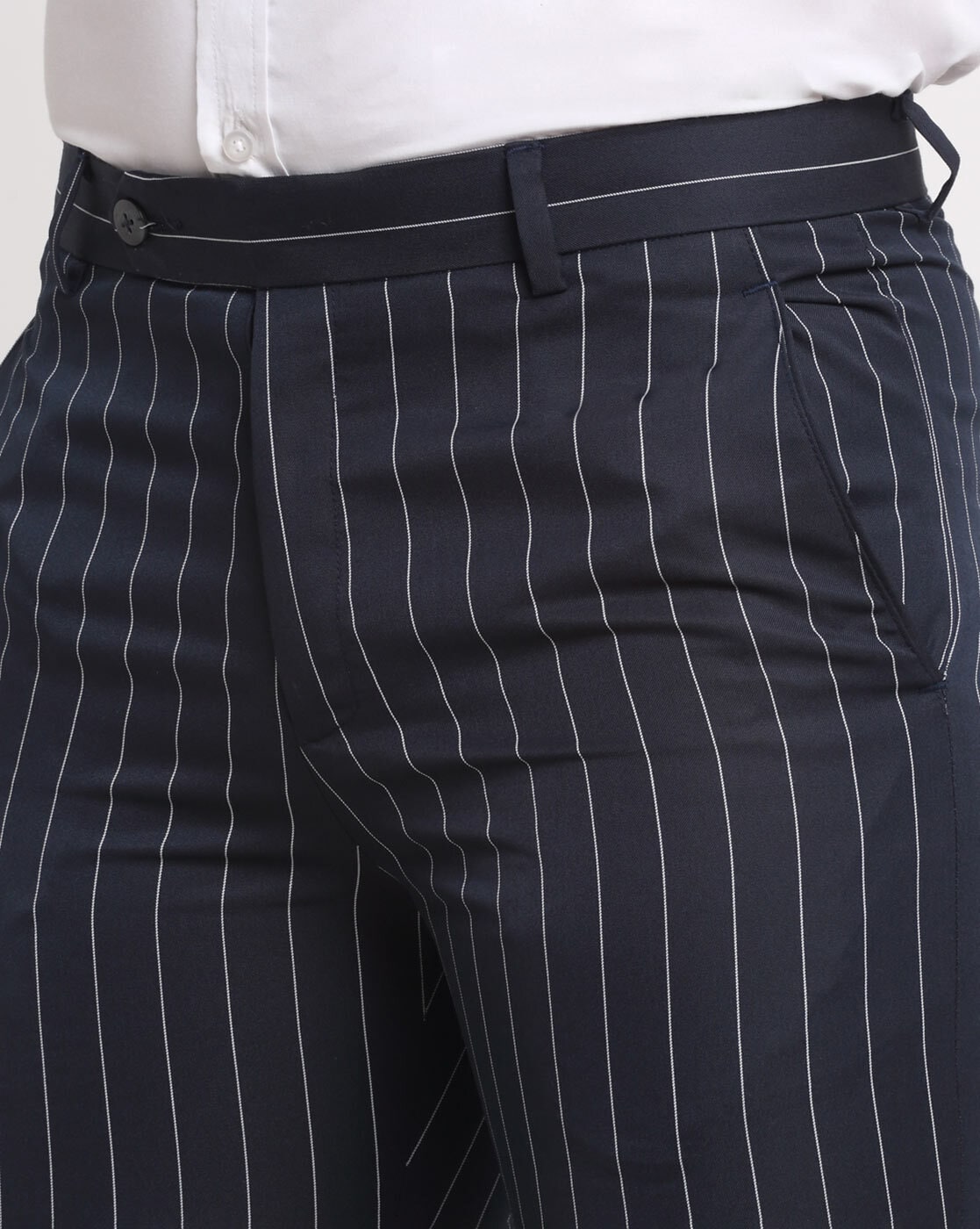 Zara Men's Striped Pants Trousers Cuffed Blue White Tie Waist Size Large |  eBay