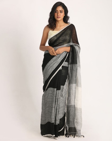 Beautiful Plain Black Linen Saree with Linen Blouse – Geetanjali Handicraft  Creations