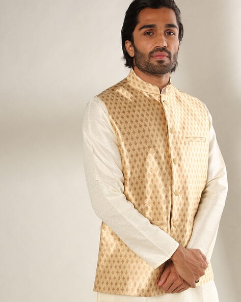 Cream Raw Silk Embrodered Nehru Jacket Bandhgala Waistcoat Bandi –  Bollywood Wardrobe