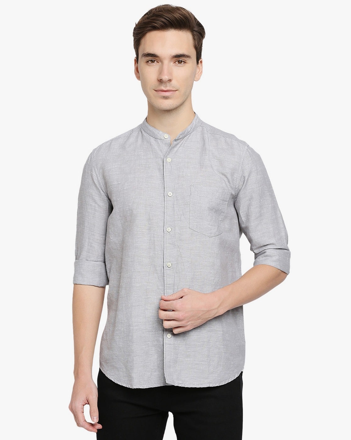 Men Slim Fit Shirt with Mandarin Collar