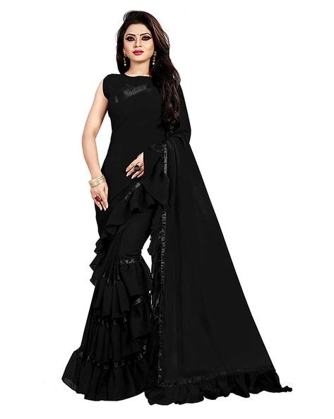 Ruffle Saree Black in 2023 | Ruffle saree, Silk blouse, Saree