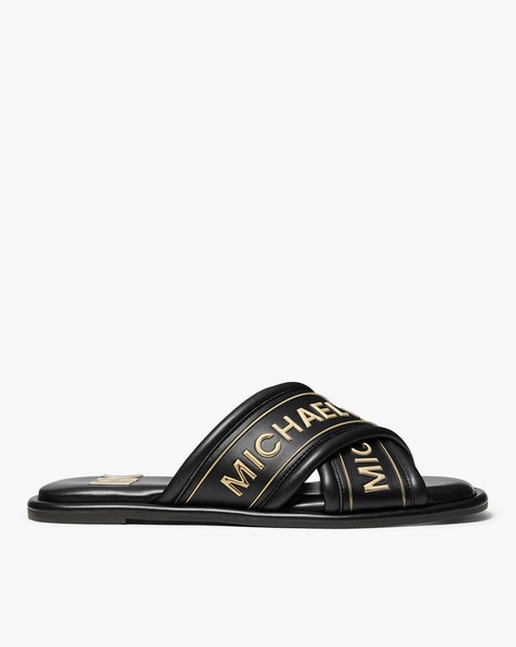 Buy Michael Kors Gideon Logo Embellished Slides | Black Color Women | AJIO  LUXE