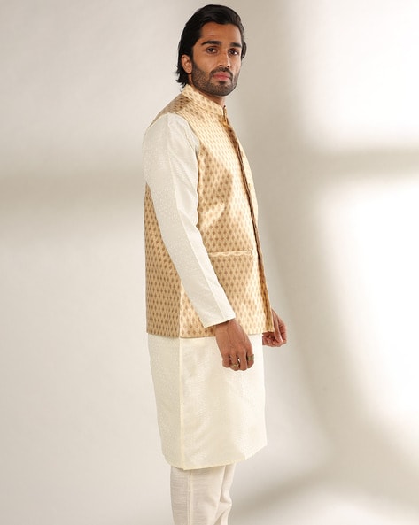 Mercury Beige Bandhgala Sherwani with Kurta, Pyjama and Half-Sleeved Jacket  | Pajama set, Off white jacket, White kurta