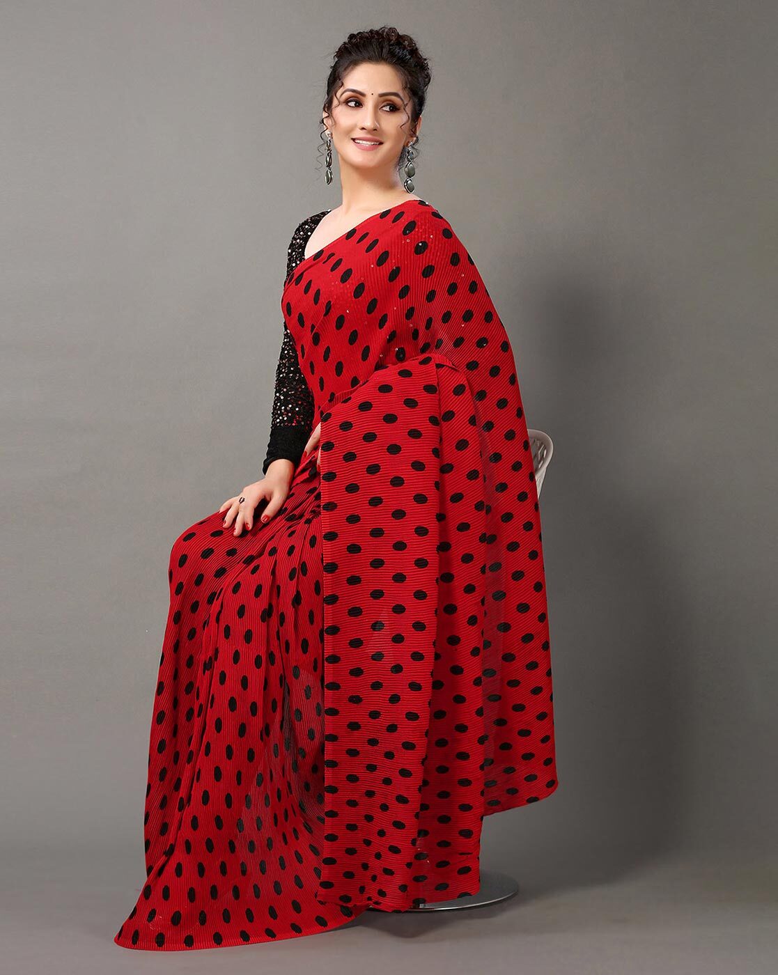 Buy Carmine-Red Black Polka Dot Organza Saree For Women Online -  Frontierraas