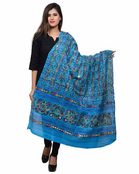 Pure Cotton Aari Embroidery & Foil Mirrors Dupatta Price in India