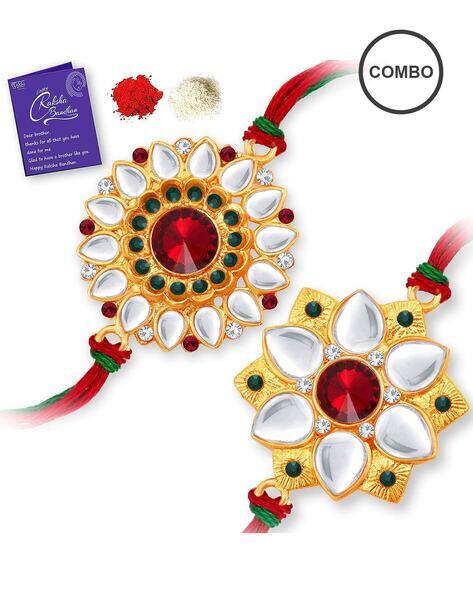 Sukkhi Rakhi Combo Set - Kundan & Gold Plated Rakhi For Brother With Roli Chawal & Greeting Card, Raksha Bandhan Gift