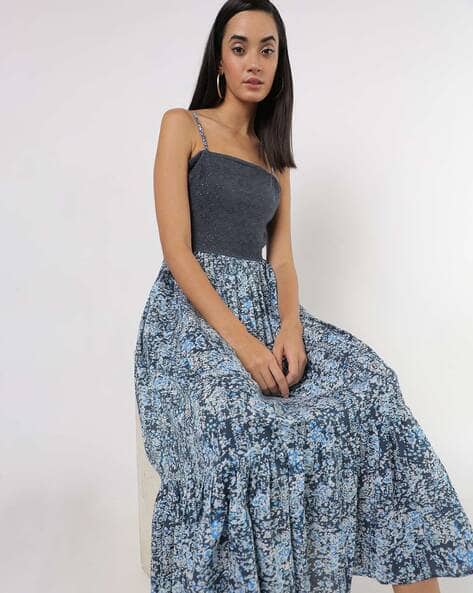 Encrustd Floral Print Tiered Dress with Back Ties