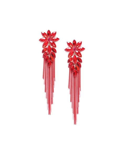 Red handmade kowri shell tassel earrings for women