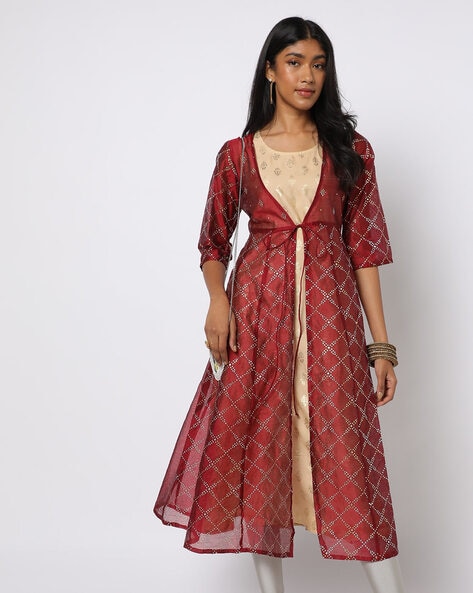 Pink Weaves Women's Mustard Embroidered A- Line Ethnic Dress with Jacket -  Pink Weaves