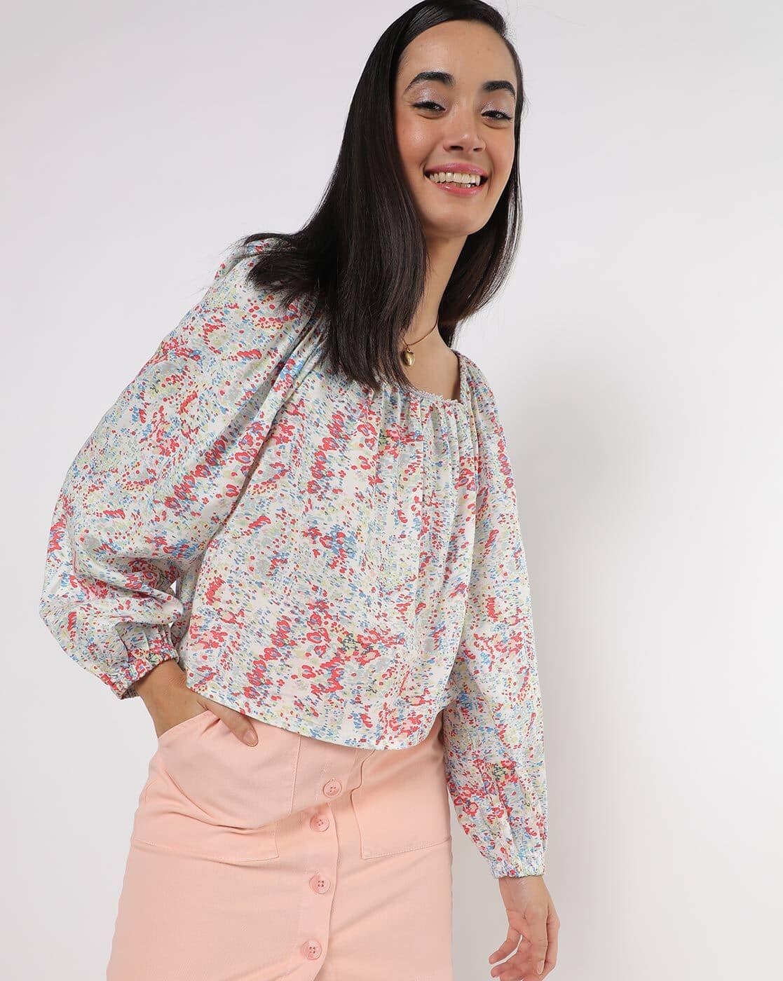Floral Print Blouse with Puff Sleeves