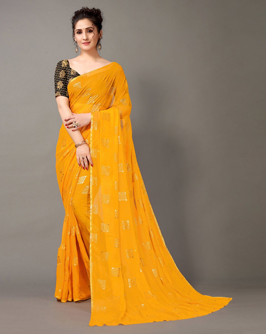 Yellow Hand Embroidered Pure Organza Silk Saree – Beatitude