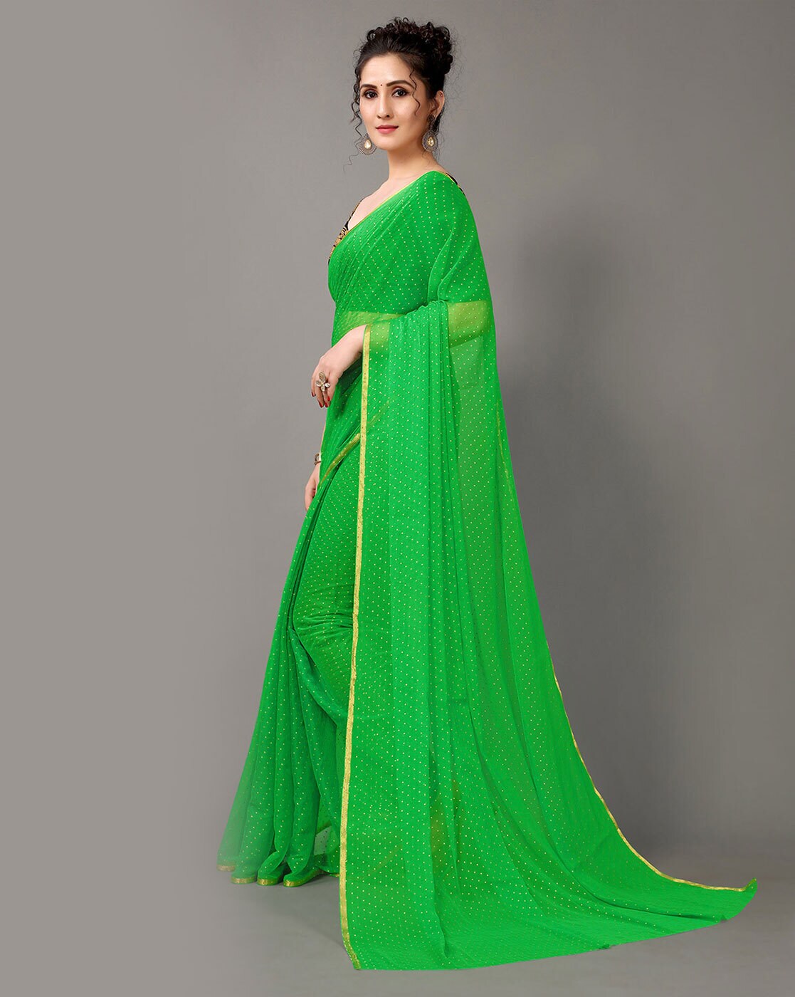 Parrot Green plain cotton saree with blouse - A AND V FASHION - 747343