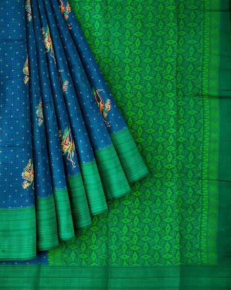 Parrot green plain mysore silk saree with contrast ultramarine blue  intricate zari design border & pallu of zari stripes
