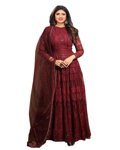 Embellished Semi-Stitched Anarkali Dress Material Price in India