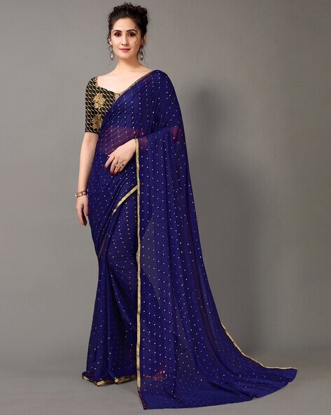 Navy Blue Saree in Soft Silk with Floral Woven Border and Pa