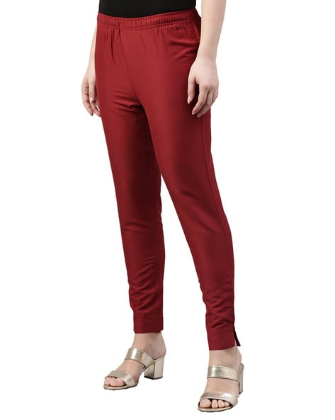 Buy Go Colors Women Dark Rose Solid Mid Rise Metallic Pants online