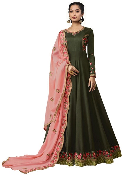 Floral Embroidered Semi-Stitched Anarkali Dress Material Price in India