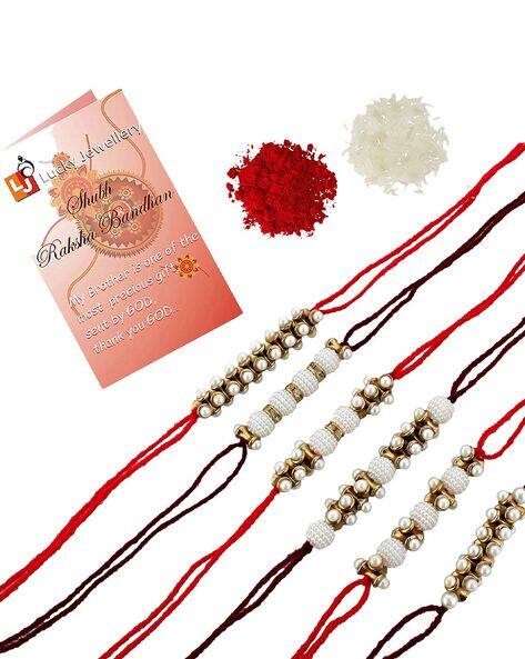 Lucky Jewellery Beaded Rakhi with Greeting Card & Roli-Chawal Set