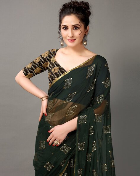 Buy Women Emerald Green Zari Embroidered Saree Set With Stitched Blouse -  Jewel Tones - Indya