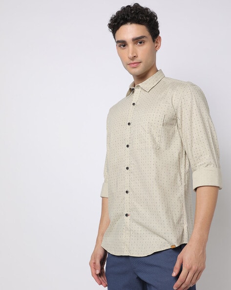 JOHN PLAYERS Men Micro Print Slim Fit Shirt with Patch Pocket (Beige)