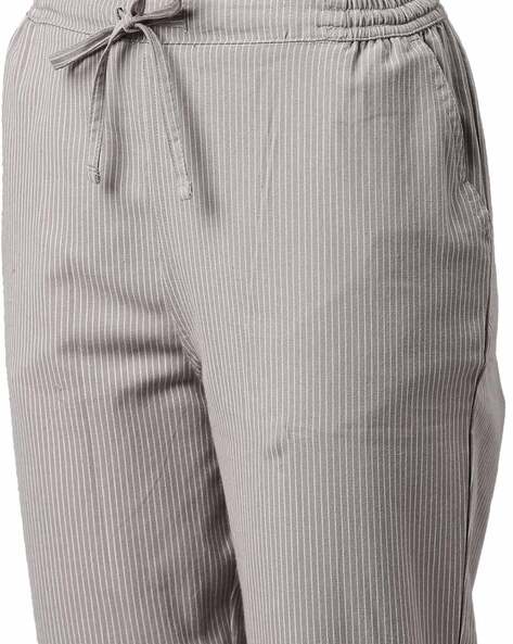 Buy GO COLORS Grey Melange Womens Stripes Mid Rise Trousers