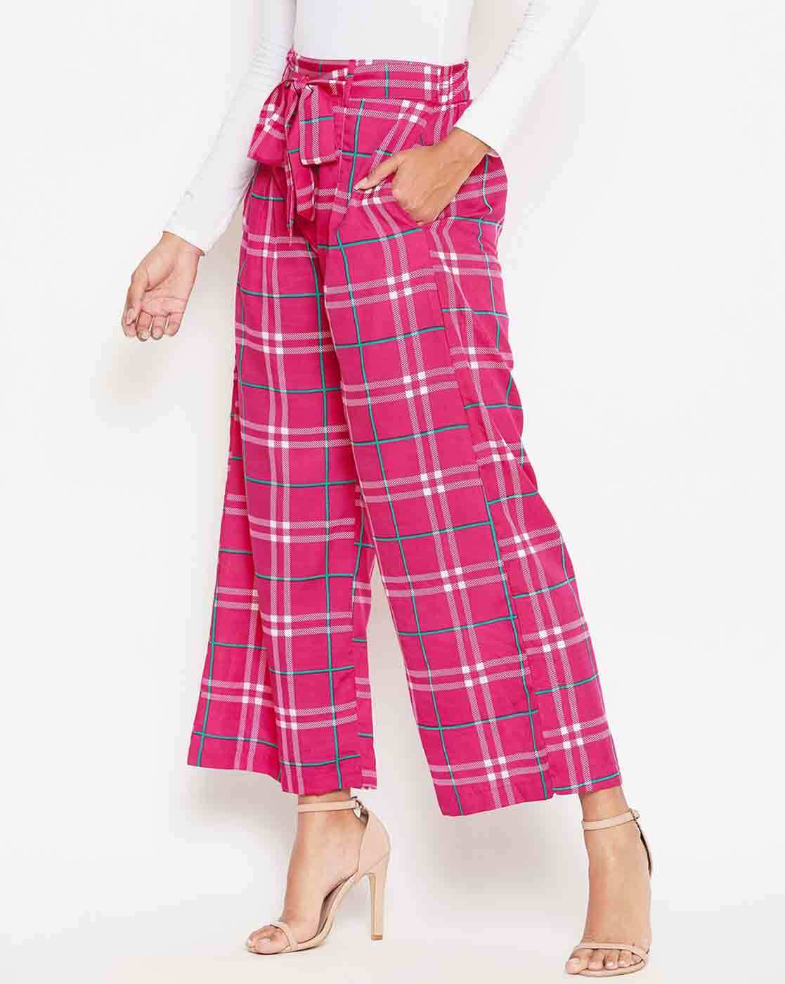 Lady Faux Wool Plaid Pants Loose Checked Trousers Wide Leg Straight Casual  Soft | eBay
