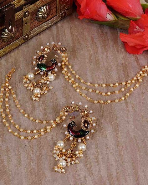 Gold Earring with Hair Chain traditional Rajasthani ghungroo jhumka with  supporting Ear Chain or Kaan Sahara  Ear chain Hair chains Simple  earrings