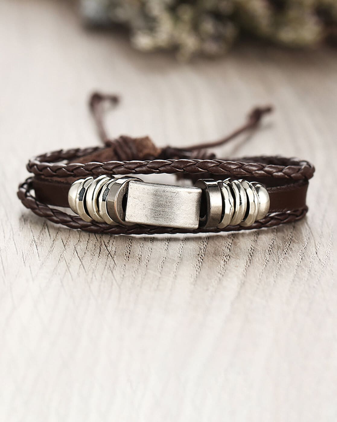 Two layered brown mix black leather bracelet with silver clasp 