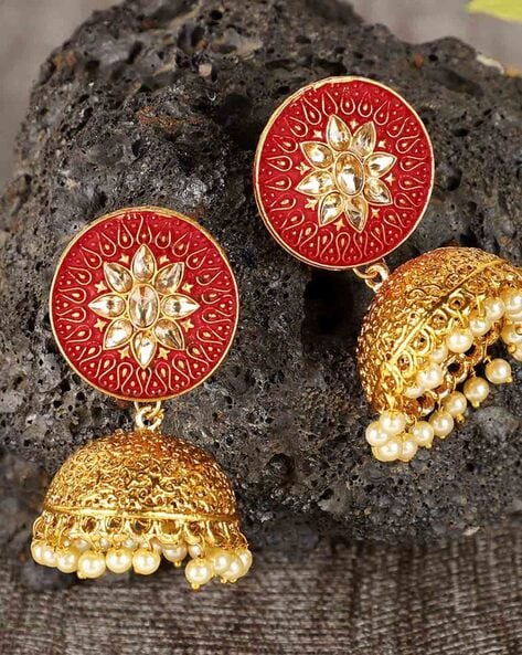Priyaasi Earrings  Buy Priyaasi Maroon Stones Gold Plated Temple Jhumka  Earring Online  Nykaa Fashion