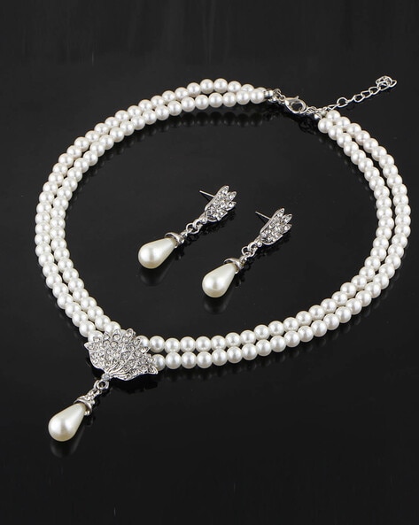 Pearl Link Chain Pearl Silver Plated Brass Choker Necklace Earring Set   ZIVOM